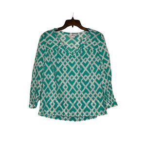 Vineyard Vines Womens Top Size Small Teal White Geometric Cotton Pullover Blouse